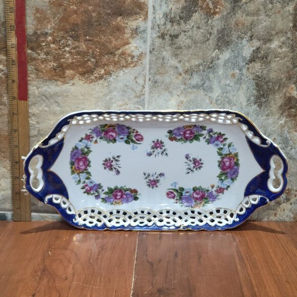 Vintage Cobalt Blue Rim & Pink Rose Porcelain Rectangular Reticulated Scalloped - Picture 10 of 11